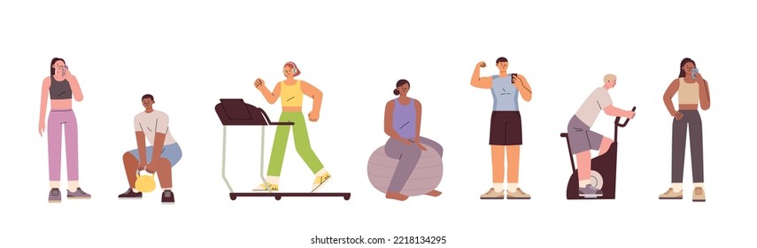 Collection of people working out with different exercise equipment in the gym. flat vector illustration.