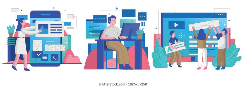 Colección de personas trabaja en la industria de las tecnologías de la información. Ilustración vectorial plana con carácter de caricatura.