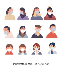 a collection of people's portrait collections using masks, a set of illustrations of people wearing masks on the face as personal protection from germs, viruses, bacteria, plague and pollution