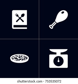 Collection Of Pepperoni, Weighing Machine, Poultry Foot And Other Elements.  Set Of 4 Cooking Icons Set. 