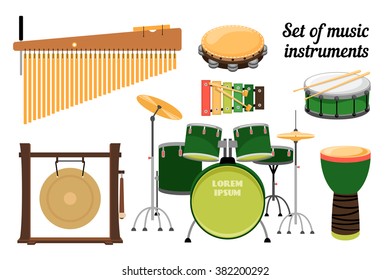 Collection of percussion instruments: gong, drum, tambourine, timbrel, xylophone