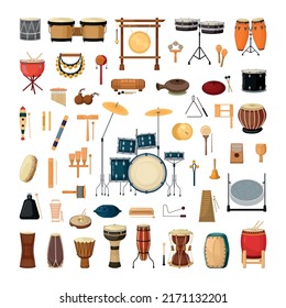 Colección de instrumentos musicales de percusión y ruido.