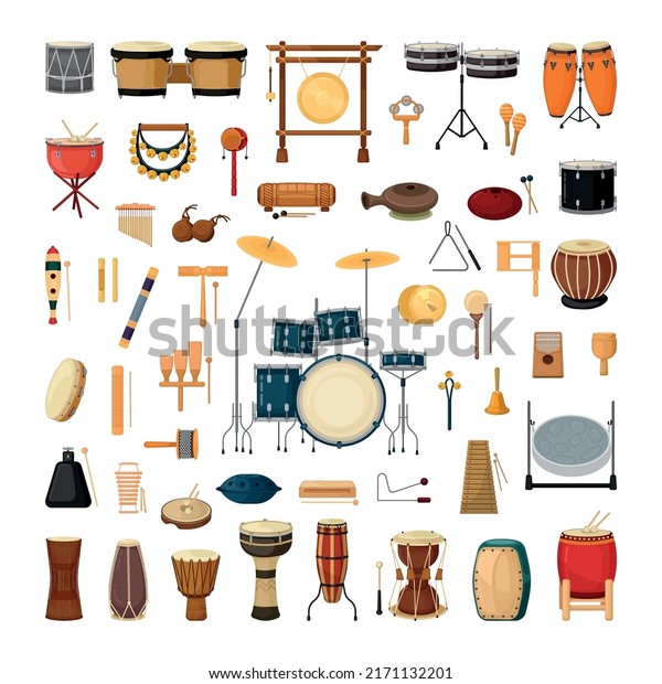 Collection\
of percussion and noise musical\
instruments.