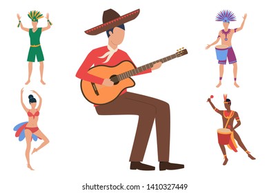 Collection of performers in traditional festive costumes. Flat cartoon characters in traditional Brazilian costumes performing at festival