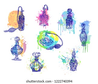 Colección de aromas de perfume. Conjunto vectorial gráfico con botellas de perfume. Ilustración vectorial dibujada a mano con estilo de grabado vintage