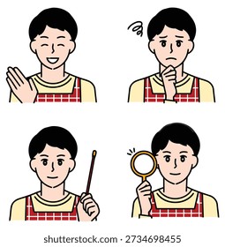 Sammlung von Personen-Icons mit Mann in Uniform Wellen, Gefühl verwirrt, halten Zeiger-Stick, und mit Lupe, Mitarbeiter Aufgaben Illustration, Problemlösung Konzepte