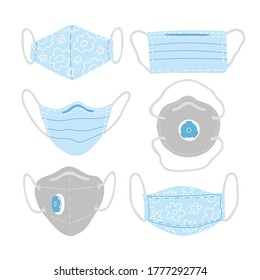 Collection of personal protective face masks. Surgical, handmade cloth masks, respirators for virus prevention, pollution protect. Isolated vector illustration on white background
