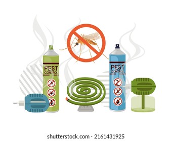 Collection of pest control insecticide spray electric and smoke vector illustration on white background