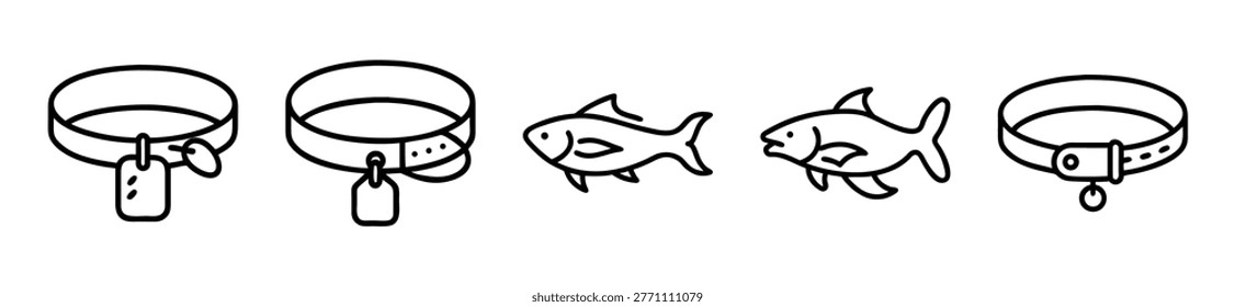 Collection of pet accessories and aquatic animals, including dog collars with tags and various fish species, outlined icons for veterinary or pet shop use.