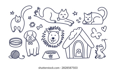 A collection of pet and animal featuring cats, a dog, a lion face, a house, a food bowl, a ball of yarn, and a mouse. The style is simple blue line on white.