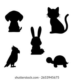 Collection of pet animal silhouettes including cat, dog, rabbit, parrot, and turtle. Vector set ideal for pet care logos, icons, kids materials, or infographics