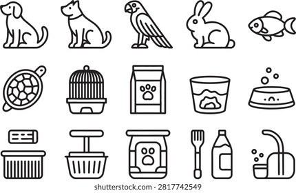 Collection of pet care icons featuring animals and accessories isolated on transparent background