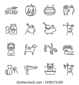 Collection of pet care line icon vector illustration. Set of different lineart veterinary sign with domestic animals reptiles and fishes grooming washing medicine isolated on white background