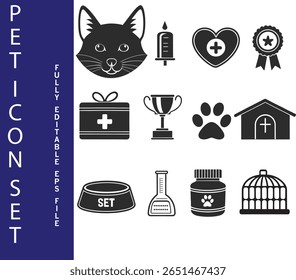Collection of pet care and veterinary service icons featuring a cat face paw print medical kit trophy and pet supplies for animal health and wellness