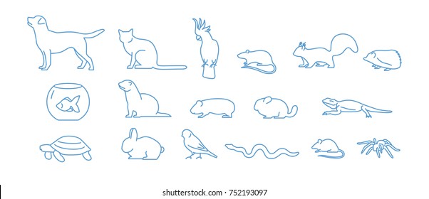 Collection of pet icons drawn with blue contour line on white background. Set of domestic animal linear symbols. Vector illustration. 