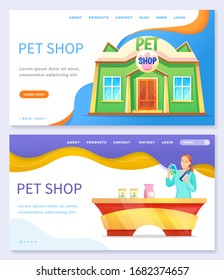 Collection of pet shop website or webpage template. Store for animals, exterior facade of building and seller at counter. Landing page with information of business and header, vector in flat style