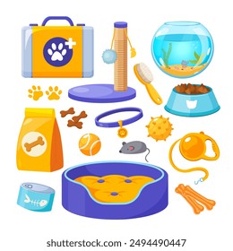 Collection of pet supplies includes animal food, toys, care things etc.