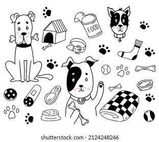 Collection of pets. Cute dogs with bone, meat and sausage, toys and paw prints, booth, blanket and collar. Vector illustration. Isolated line drawings in doodle style for design and decoration.