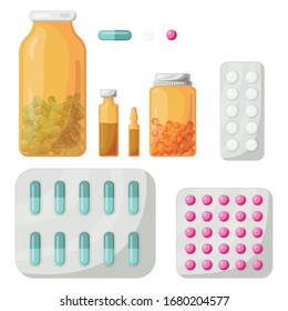 Collection of pharmacy drug in bottle and box. Medicine pill. Pharmaceutics Medication. Hospital set of drugs. Vector illustration.