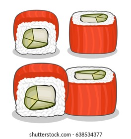 A collection of philadelphia sushi rolls with cream cheese and avocado, topped with salmon fish slices. Vector set isolated on a white background.