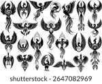 A collection of phoenix illustrations is a compilation of designs of the mythical bird showing various interpretations of the phoenix.
