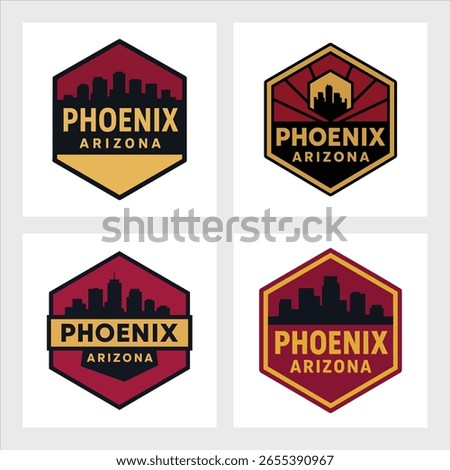 Collection of Phoenix skyline emblems with urban and desert elements. Ideal for Arizona tourism, branding, or travel projects.