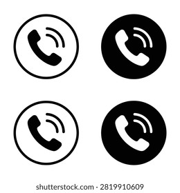 Collection of phone call icons featuring telephone handset and signal waves inside circles, presented in black and white variations for web design.