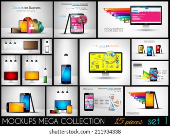 Collection of phone, pc and tablet mockups with infographics. A lot od design elements to classify products and generic items.