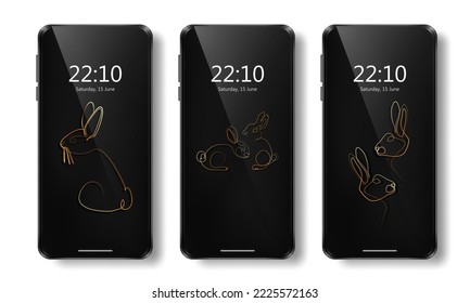 Collection of phone wallpaper with golden linear rabbits on black background. Luxury backdrop  for smartphone with bunny, lapin in single continuous line style. Realistic 3d device screen mockup 