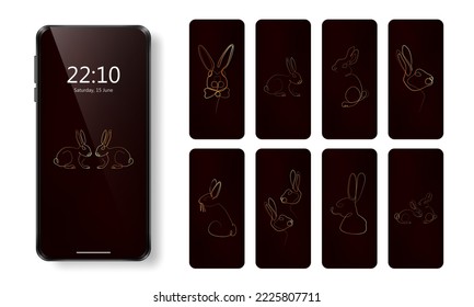 Collection of phone wallpaper with golden linear rabbits on dark red background. Luxury backdrop  for smartphone with bunny, lapin in single continuous line style.