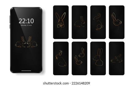 Collection of phone wallpaper with golden linear rabbits on black background. Luxury backdrop  for smartphone with bunny, lapin in single continuous line style. Realistic 3d device screen mockup 