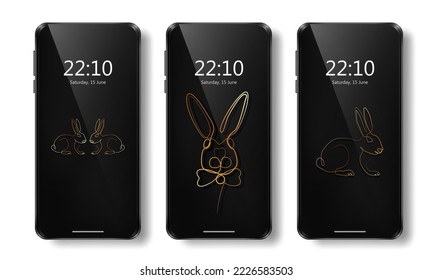 Collection of phone wallpaper with golden linear rabbits on black background. Luxury backdrop  for smartphone with bunny, lapin in single continuous line style. Realistic 3d device screen mockup 