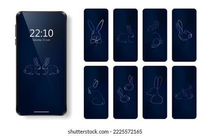 Collection of phone wallpaper with silver linear rabbits on blue background. Backdrop for smartphone with bunny, lapin in single continuous line style. Realistic 3d device screen mockup 