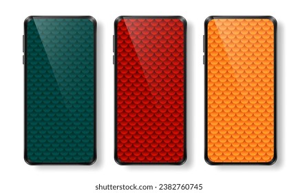 Collection of phone wallpapers with pattern of bright red dragon, mermaid or fish scales, snake or reptile skin texture. Backdrop for smartphone with realistic 3d device screen mockup 