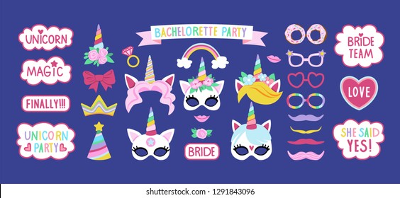 Collection of photo booth props for bachelorette unicorn party. Cute vector cartoon masks, glasses, speech bubbles, and other elements for funny photos.
