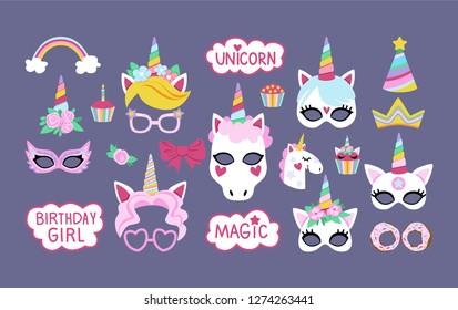 Collection of photo booth props for birthday unicorn party. Cute vector cartoon masks and elements for funny photos.