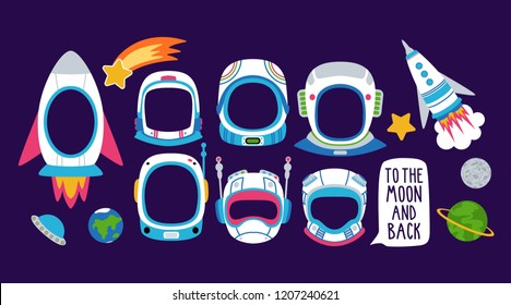 Collection Of Photo Booth Props For Kids Cosmonaut Party. Cute Vector Cartoon Helmets And Other Space Elements For Funny Photos.