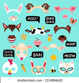 Collection of photo booth props for kids farm animals party. Cute vector cartoon masks and elements for funny photos.
