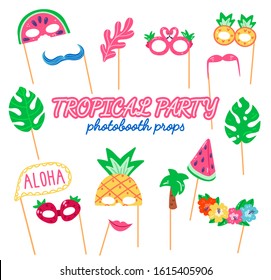 Collection of photo booth props for kids tropical party. Cute vector cartoon masks and elements for funny summer photos.