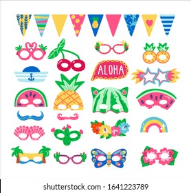 Collection Of Photo Booth Props For Kids Tropical Party. Cute Vector Cartoon Masks, Eye Glasses, Flags And Elements For Funny Summer Photos.