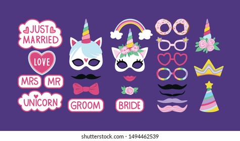 Collection of photo booth props for the wedding party. Cute vector cartoon masks, glasses, speech bubbles, and other elements for funny photos of bride and groom.