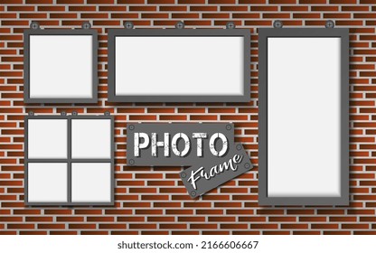 collection of Photo frames with nuts and bolts, realistic vector decoration photos of various sizes on red brick wall illustration background