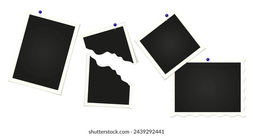 Collection of photo frames.Retro snapshots, mockup of snapshots attached with buttons, torn old photo. Realistic template with shadow. 