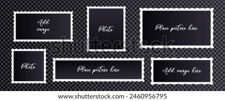 Collection of photo templates frames card with wavy edges on dark transparent background. Set  templates for adding picture. Photo frames with different size