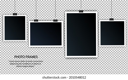 Collection of photo templates. Set of black realistic photo frames. 3D design, There are horizontal and vertical decorative objects on the wall. Vintage style. Vector illustration.
