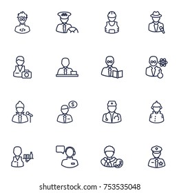 Collection Of Photographer, Doctor, Operator And Other Elements.  Set Of 16 Job Outline Icons Set. 