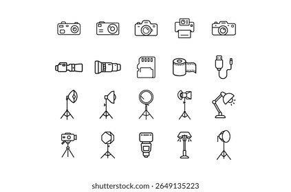 Collection of photography equipment icons, including cameras, lenses, lighting, and accessories, arranged in a grid.