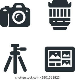 A collection of photography equipment including a camera, lens, tripod, and display