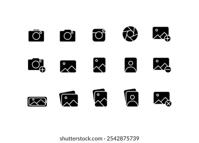 Collection of photography icons. Contains camera and photo album, vector illustration photographer in black on white background, photo symbol. Illustration solid icon collection.