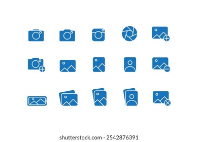 Coleção de ícones de fotografia. Contém câmera e álbum de fotos, fotógrafo de ilustração vetorial em azul sobre fundo branco, símbolo de foto. Coleção de ícones sólidos da ilustração.